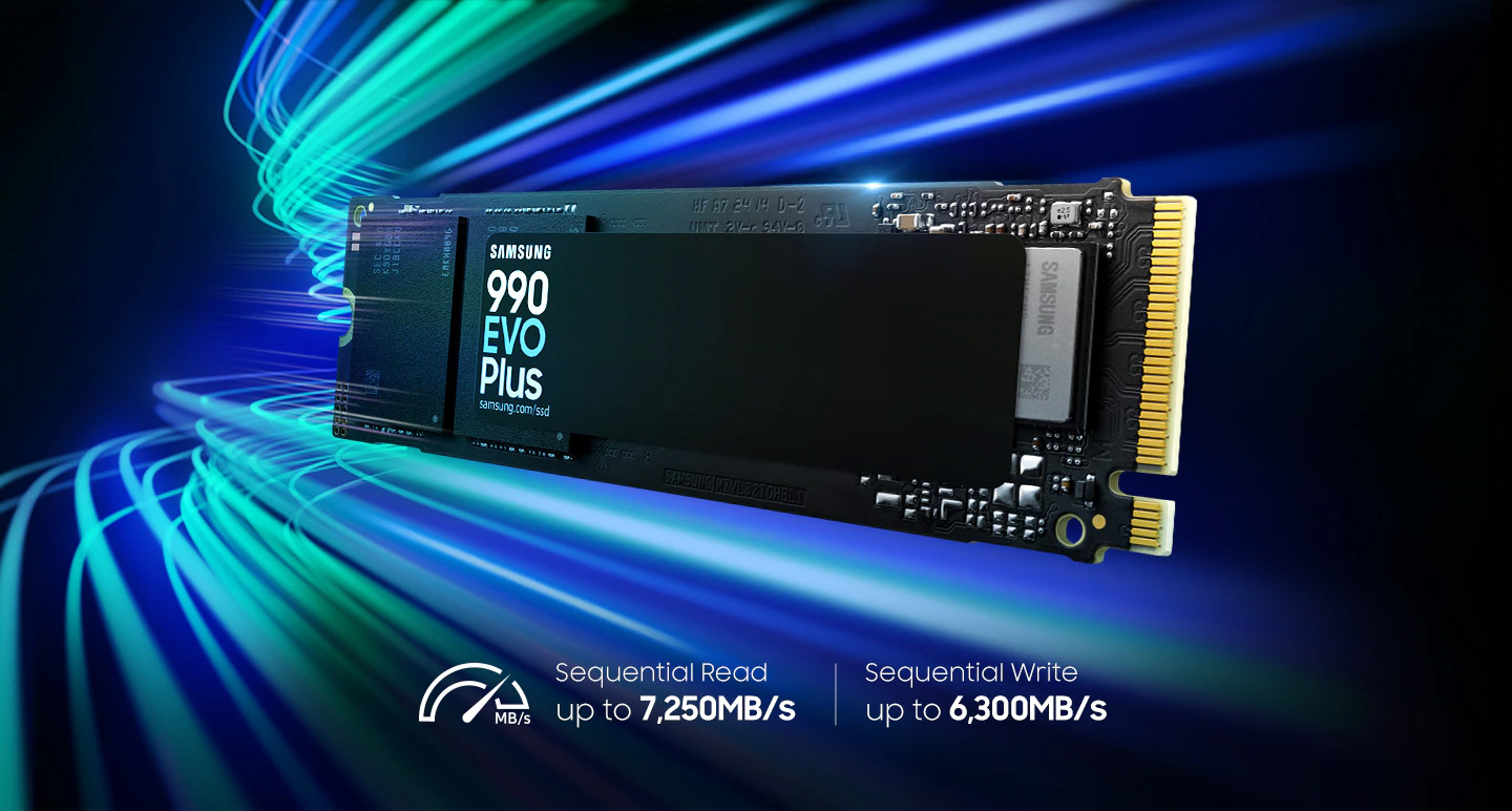 With so many curves, the 990 EVO Plus looks like it's going to fly fast. Underneath it are icons that say Sequential Read up to 7,250MB/, Sequential Write up to 6,300MB